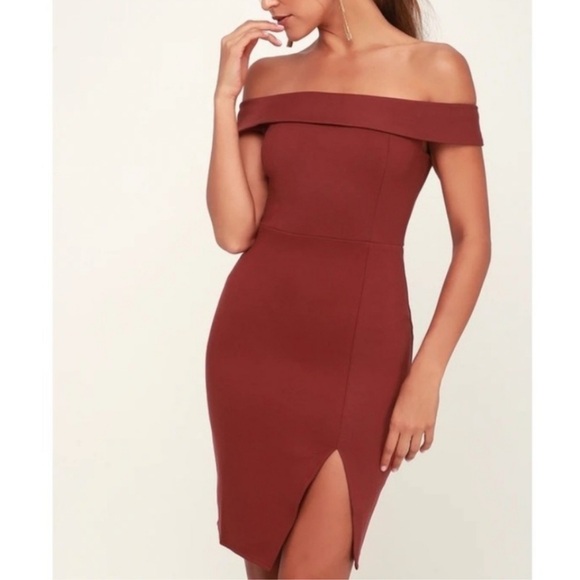 Lulus Way Of Love Off-Shoulder Bodycon Dress Maroon Burgundy Wine Red Leg Slit - Picture 1 of 12